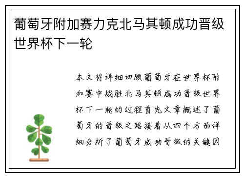 葡萄牙附加赛力克北马其顿成功晋级世界杯下一轮